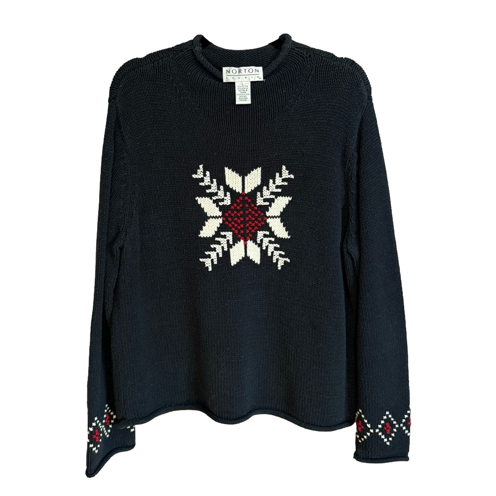 Vintage Norton Studio Navy Snowflake Knit Mock Neck Sweater Fisherman Knit Large